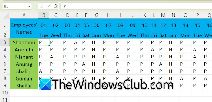 Represent present absent holidays in Excel