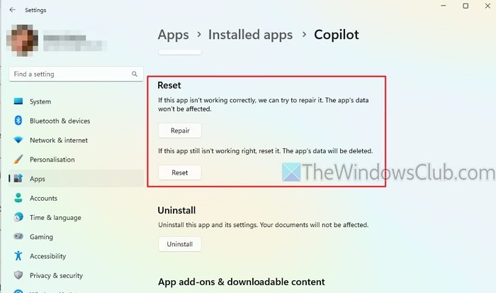 Reset Copilot App Windows