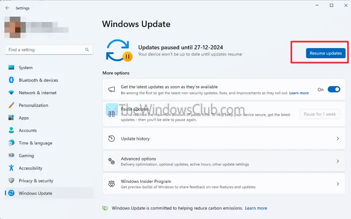 Resume Windows Update