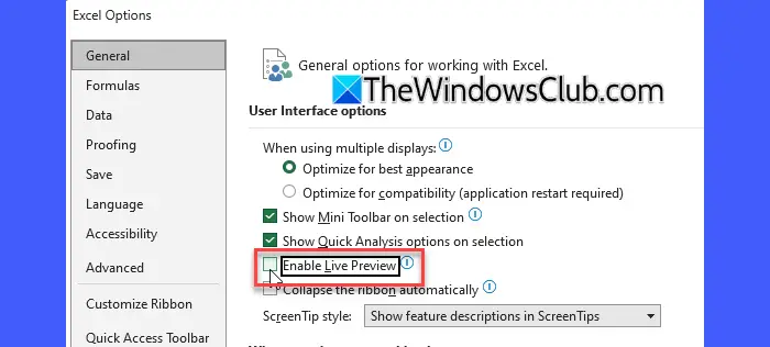 Turn off Enable Live Preview