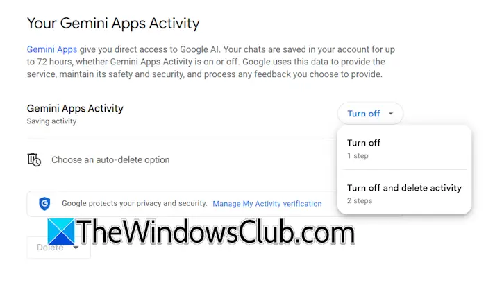 Turn off Gemini apps activity