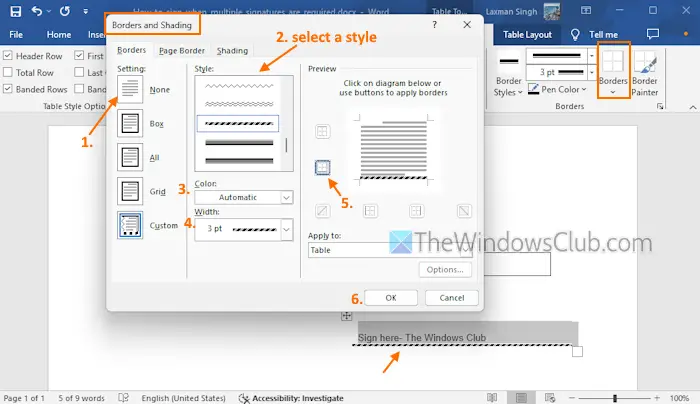 add signature line manually word