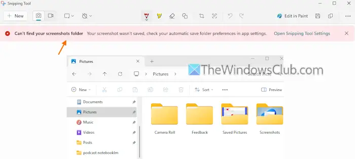 can't find your screenshots folder snipping tool