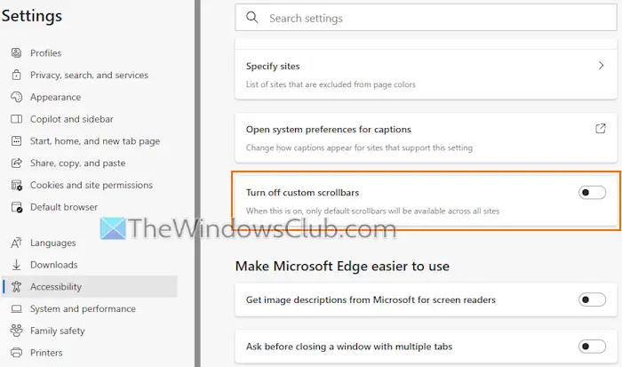 enable turn off custom scrollbars setting