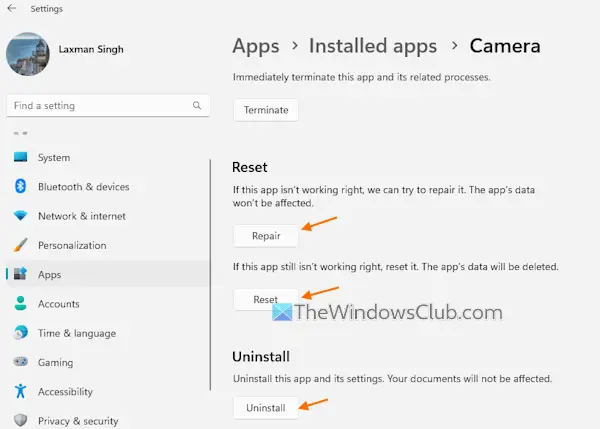 reset repair camera app