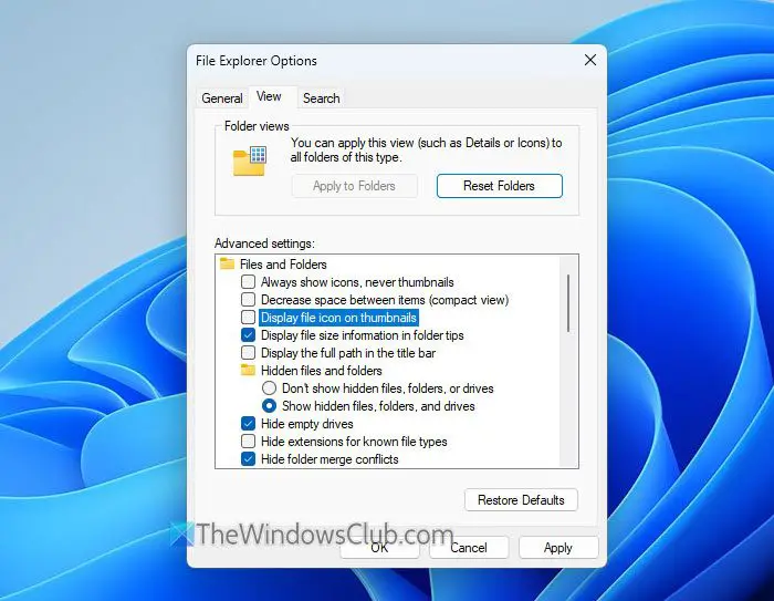 How to show or hide file icon on thumbnails in Windows 11/10