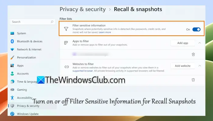 turn off filter sensitive information recall snapshots