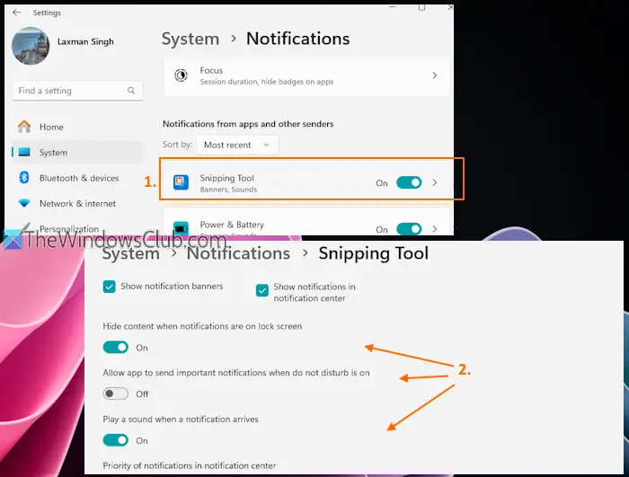 turn on snipping tool notifications