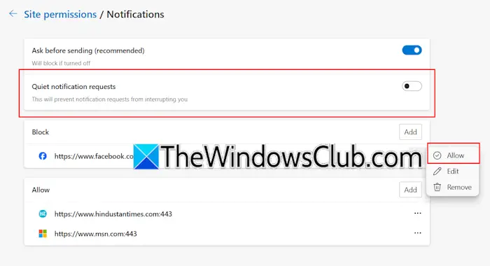 Check notification settings in Edge