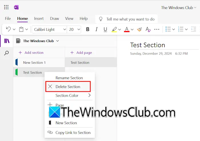 Delete OneNote section online