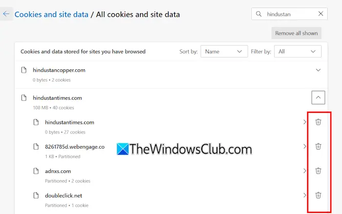 Delete cookies of a particular website