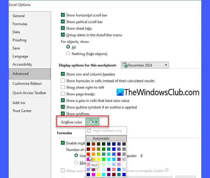 Gridline Color option in Excel Options