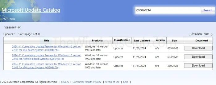 Microsoft Windows Update Catalogue