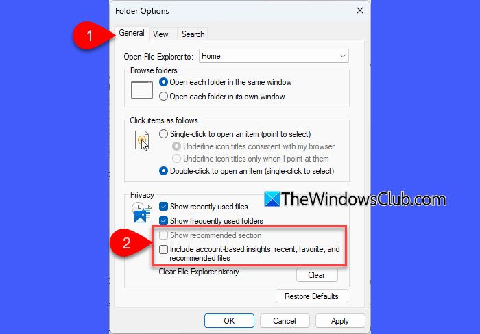 Show recommended in File Explorer Options