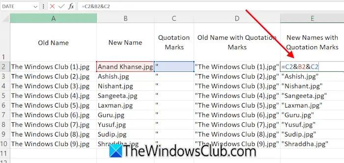 Write names with quotations in Excel