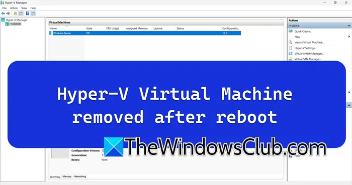 Hyper-V Virtual Machine removed after reboot