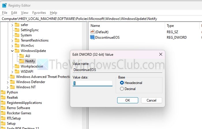 Windows Registry Disable Windows EOS Notifcation